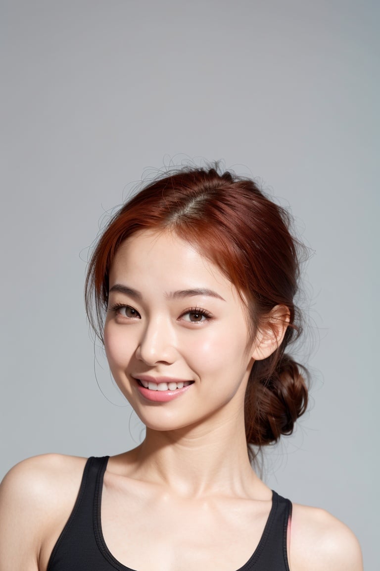 arabian woman, medium, redhead, light smile, close-up, (black tank top), (pastel grey background), oily skin