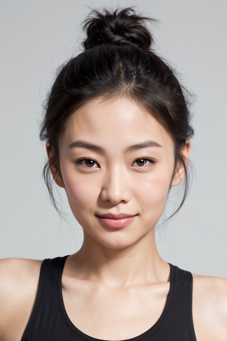 asian woman, chignon, close-up, smile, (black tank top), (pastel grey background), oily skin