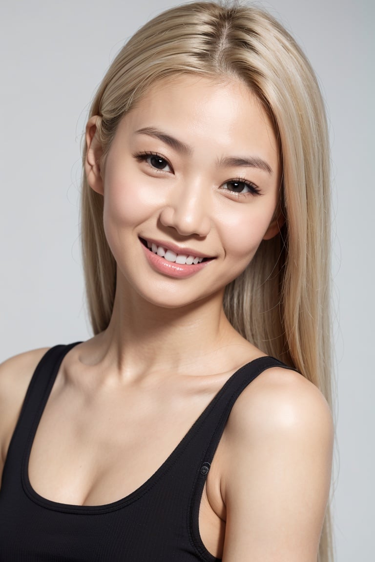 indonesian woman, long hair, blonde, light smile, close-up, (black tank top), (pastel grey background), oily skin