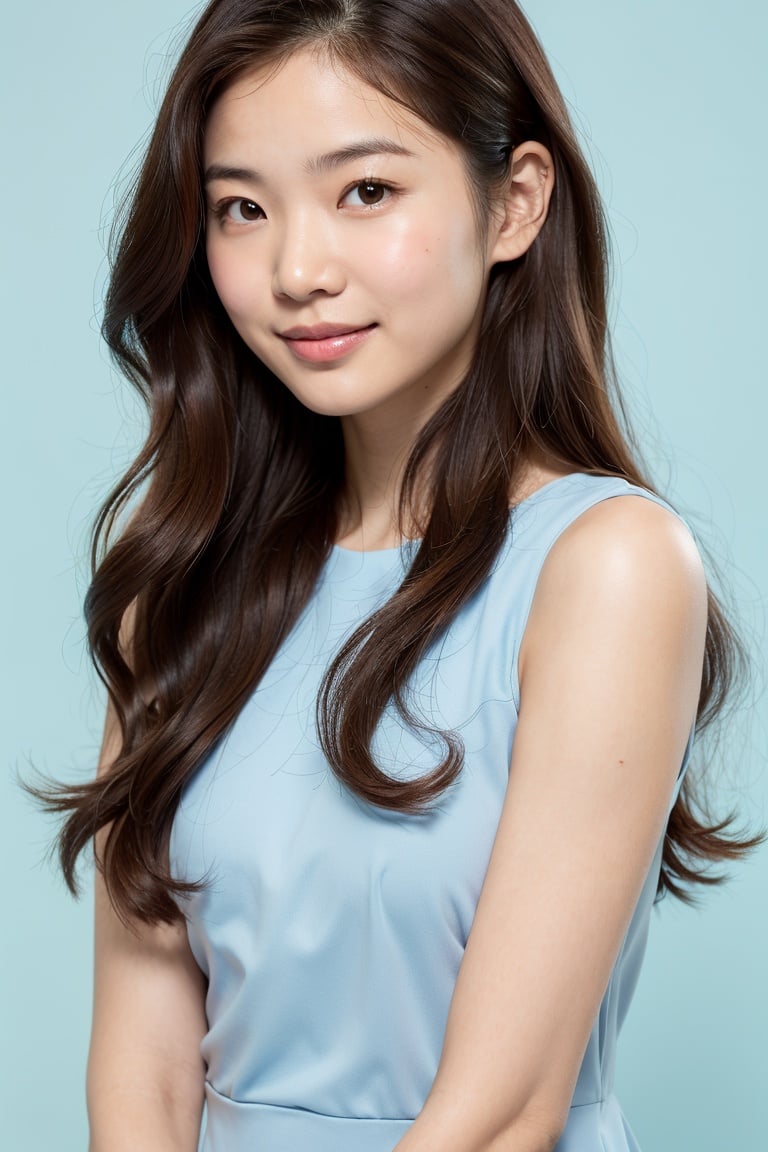 indonesian woman, long hair, wavy hair, brown hair, light smile, close-up, (sleeveless dress), (pastel blue background), oily skin