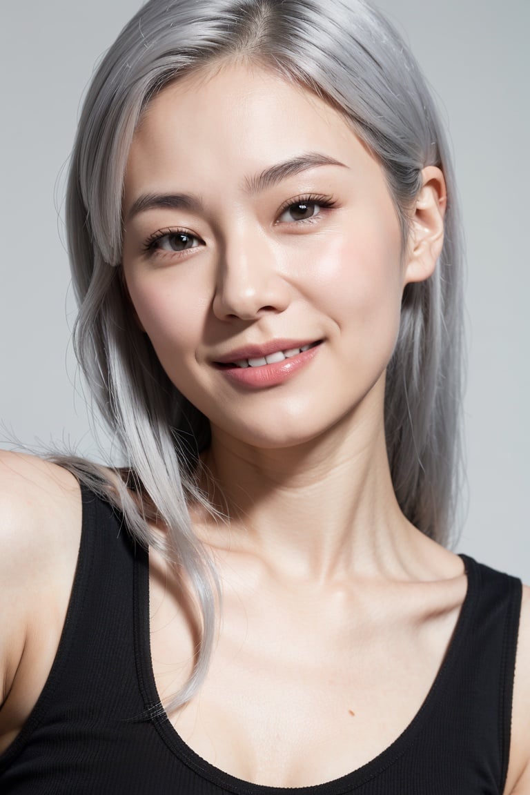 russian woman, long hair, grey hair, smile, close-up, (black tank top), (pastel grey background), oily skin