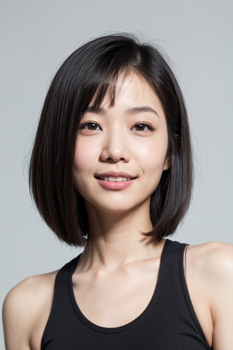 asian woman, bob cut, close-up, smile, (black tank top), (pastel grey background)