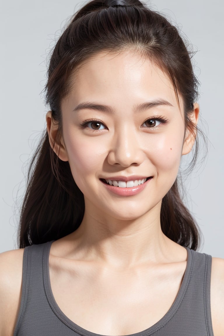 indonesian woman, long ponytail, redhead, light smile, close-up, (black tank top), (pastel grey background), oily skin