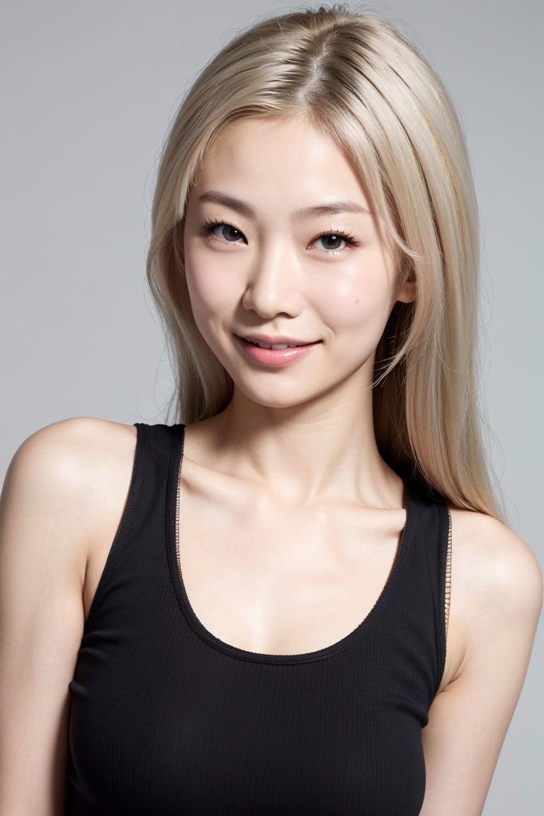 chinese woman, long hair, blonde, light smile, close-up, (black tank top), (pastel grey background), oily skin