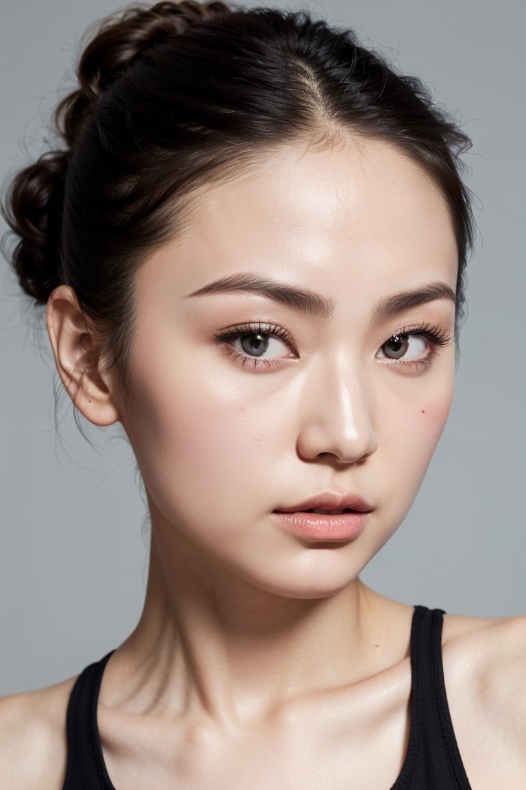 russian woman, chignon, close-up, (black tank top), (pastel grey background), oily skin