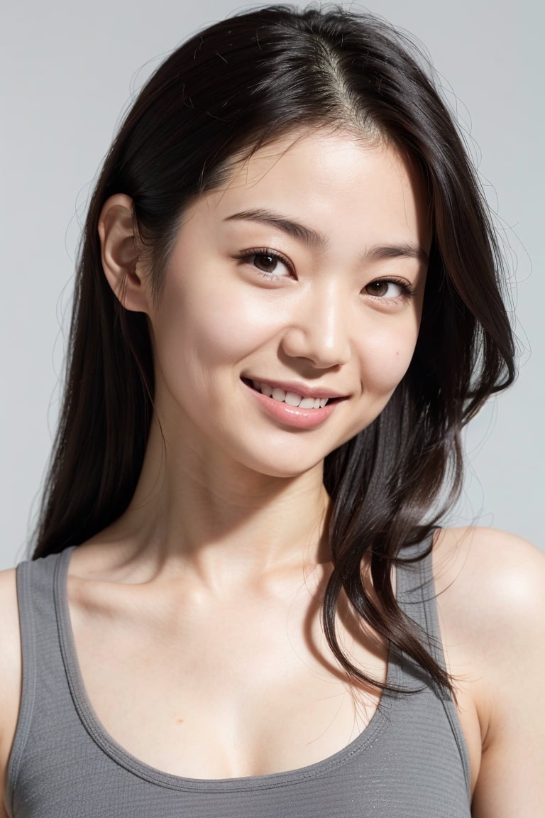 japanese woman, long hair, wavy hair, redhead, light smile, close-up, (black tank top), (pastel grey background), oily skin