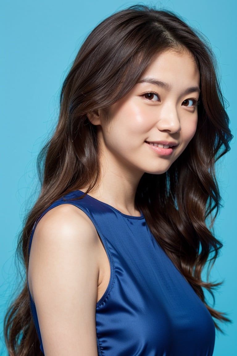 indonesian woman, long hair, wavy hair, brown hair, light smile, close-up, (sleeveless dress), (blue background), oily skin, (front-view)