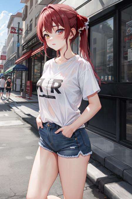 masterpiece, best quality, absurdres, perfect antomy, Houshou Marine, 1girl, solo, heterochromia, red eyes, yellow eyes, large breasts, twintails, hair ribbon, long hair, graphic tee, denim shorts, standing, outdoors, city, hands in pockets