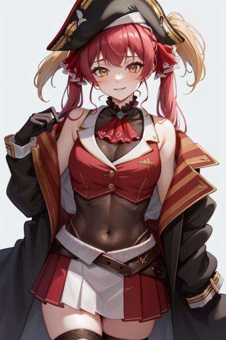 masterpiece, best quality, absurdres, perfect antomy, houshouBase, 1girl, solo, heterochromia, red eyes, yellow eyes, twintails, long hair, hair ribbon, large breasts, white gloves, frilled choker, red ascot, leotard, leotard under clothes, red jacket, cropped jacket, sleeveless jacket, black coat, off shoulder, bicorne, red skirt, miniskirt, leather belt, black thighhighs, standing, smile