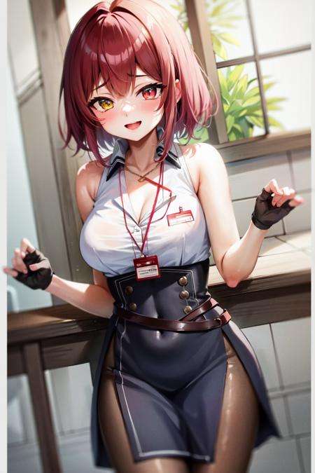 masterpiece, best quality, absurdres, perfect antomy, houshouOfficer, 1girl, solo, heterochromia, red eyes, yellow eyes, large breasts, bangs, short hair, sleeveless shirt, collared shirt, black skirt, side slit, pantyhose, id card, fingerless gloves, standing, cowboy shot, smile