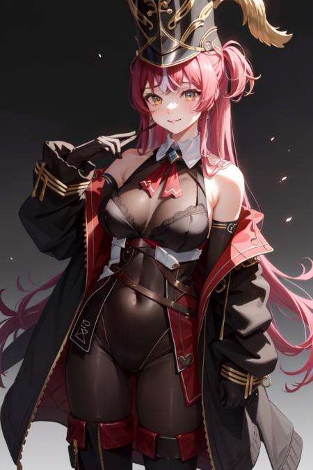 masterpiece, best quality, absurdres, perfect antomy, houshouBand, 1girl, solo, heterochromia, red eyes, yellow eyes, bangs, long hair, streaked hair, shako cap, two-sided jacket, off shoulder, elbow gloves, lace-trimmed leotard, bodystocking, high-waist skirt, showgirl skirt, thigh boots, standing, smile, large breasts