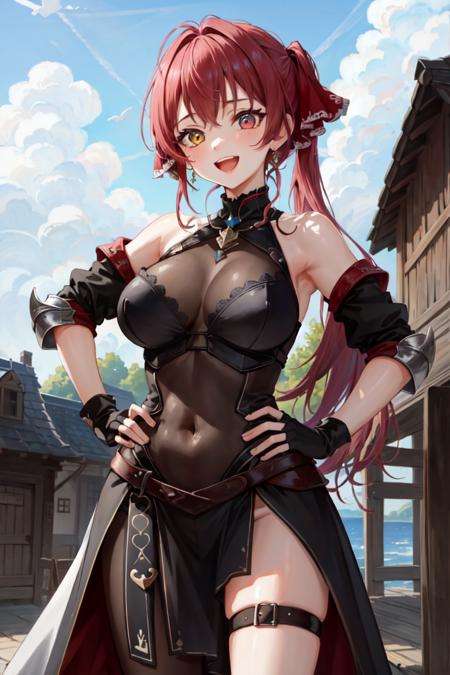 masterpiece, best quality, absurdres, perfect antomy, Houshou Marine, 1girl, solo, heterochromia, red eyes, yellow eyes, large breasts, fantasy, jewelry, leg armor, (navel cutout, armored dress:1.2), smile, :d, hands on own hips, village, outdoors, abs