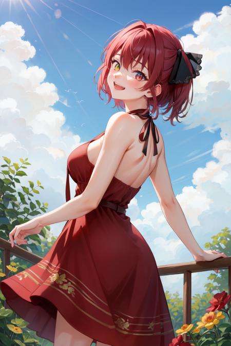 masterpiece, best quality, absurdres, perfect antomy, Houshou Marine, 1girl, solo, heterochromia, red eyes, yellow eyes, large breasts, from behind, sundress, (yellow sundress), garden, day, sunshine, smile, looking back, spread arms, laughing