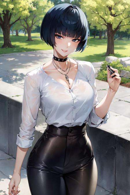 masterpiece, best quality, absurdres, perfect antomy, Tae Takemi, necklace, choker, collared shirt, high-waist pants, outdoors, smile