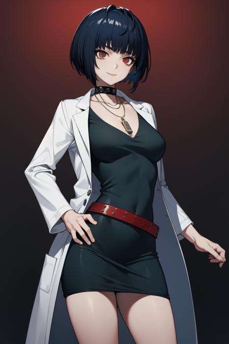 masterpiece, best quality, absurdres, perfect anatomy, 1girl, solo, Tae Takemi, short hair, necklace, choker, labcoat, black dress, belt, short dress, medium breasts, smile, cowboy shot, standing, simple background, red background