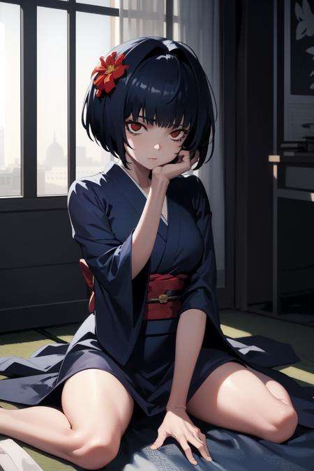 masterpiece, best quality, absurdres, perfect anatomy, 1girl, solo, Tae Takemi, short hair, indoors, kimono, hair flower, floral print, wariza, sitting, hands on own knees 