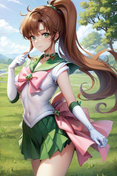 masterpiece, best quality, absurdres, perfect antomy, SMJupiter, SMJupiterOutfit, green sailor collar, green skirt, sailor senshi uniform, ponytail, smile, cowboy shot, standing, outdoors