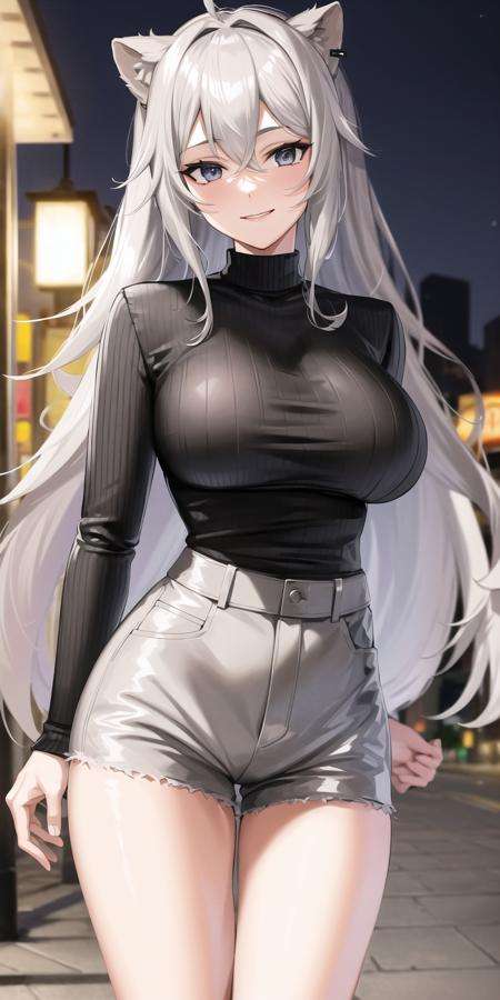 masterpiece, best quality, absurdres, perfect anatomy, cowboy shot, realistic lighting, close up, , Botan, virtual youtuber 1girl, solo, looking at viewer, grey eyes, grey hair, ear piercing, light smile, , outdoors, standing, city, night, under street lantern, street lantern light, , black sweater, long sleeves, high-waist shorts,