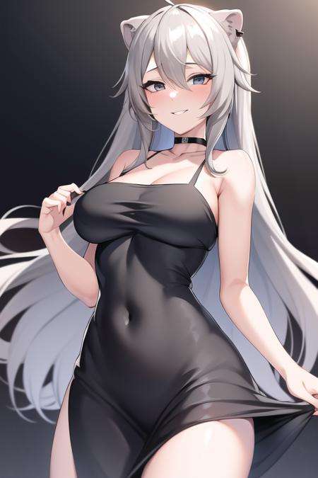 masterpiece, best quality, absurdres, perfect anatomy, , Botan, virtual youtuber 1girl, solo, looking at viewer, blush, smile, grin, grey eyes, grey hair,, dress, red dress, long dress, halterneck, choker, piercing, ear piercing, black nails