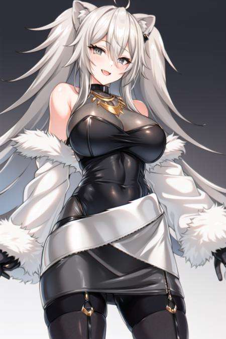 Botan, 1girl, solo, looking_at_viewer, blush, smile, open_mouth, skirt, shirt, bare_shoulders, jewelry, jacket, pantyhose, virtual_youtuber, necklace, off_shoulder, black_jacket, torn_clothes, black_pantyhose, fur_trim, black_shirt, torn_legwear, grey_skirt, fur-trimmed_jacket, single_leg_pantyhose