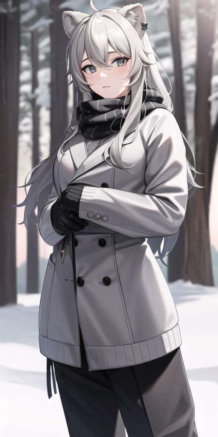 masterpiece, best quality, absurdres, perfect anatomy, cowboy shot, realistic lighting, close up, , Botan, virtual youtuber 1girl, solo, looking at viewer, grey eyes, grey hair, ear piercing, , outdoors, standing, winter, hills, snow, snowing, cold, distant tree, , winter clothes, sweater, scarf, pants, winter gloves, wool,