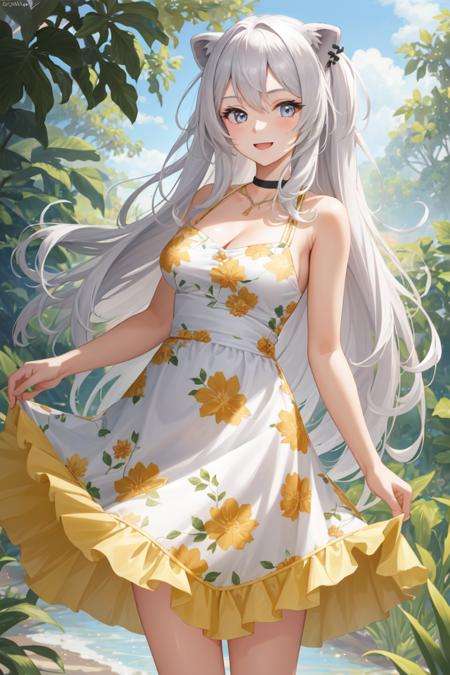 masterpiece, best quality, absurdres, perfect antomy, 1girl, solo, Botan, large breasts, lion tail, long hair, beautiful, cheerful, sunny day, botanical garden, summer breeze, sundress, floral pattern, wavy hair, smiling