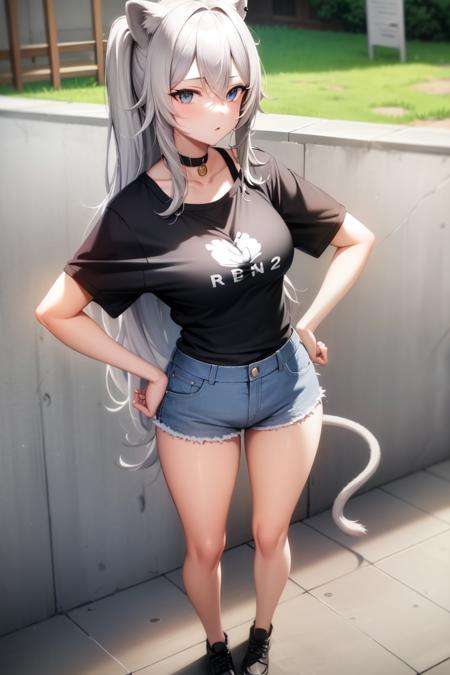 masterpiece, best quality, absurdres, perfect antomy, botan, long hair, 1girl, solo, casual, denim shorts, t-shirt, fit, long legs, slender, curvy, sidewalk, sunny day, full body, standing, hand on own hips