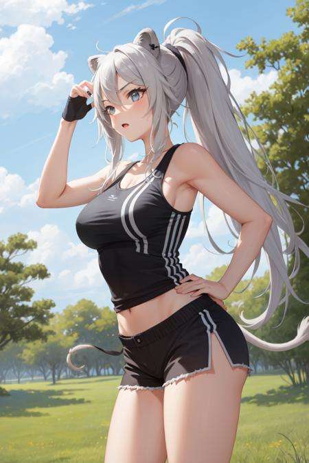 masterpiece, best quality, absurdres, perfect antomy, 1girl, solo, Botan, large breasts, lion tail, long hair, energetic, athletic outfit, tank top, shorts, sneakers, sweatband, ponytail, bright and sunny day, trees and grass in the background