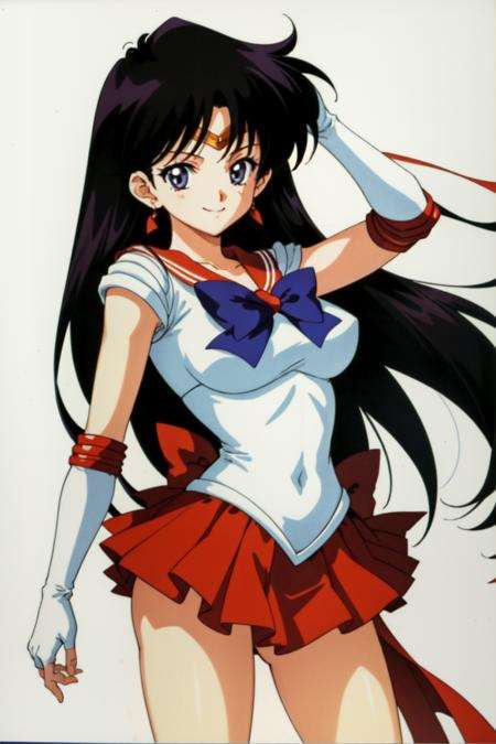 masterpiece, best quality, absurdres, perfect antomy, 1girl, solo, SMMars, 1990s \(style\), standing, smile, cowboy shot, sailor senshi uniform, red sailor collar, red skirt, elbow gloves