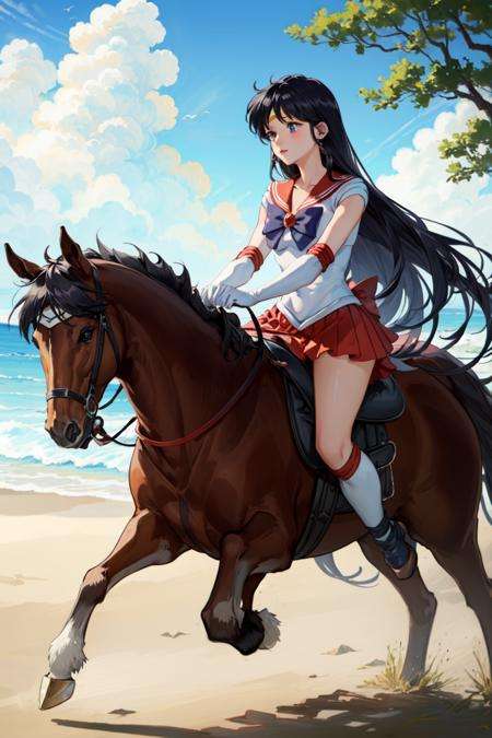masterpiece, best quality, absurdres, perfect antomy, 1girl, solo, SMMars, very long hair, sailor senshi uniform, red sailor collar, red skirt, elbow gloves, outdoors, beach, (riding a horse)