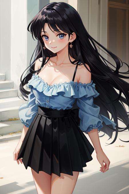 masterpiece, best quality, absurdres, perfect antomy, 1girl, solo, SMMars, very long hair, parted bangs, 1990s \(style\), standing, smile, cowboy shot, pleated skirt, black skirt, off-shoulder shirt