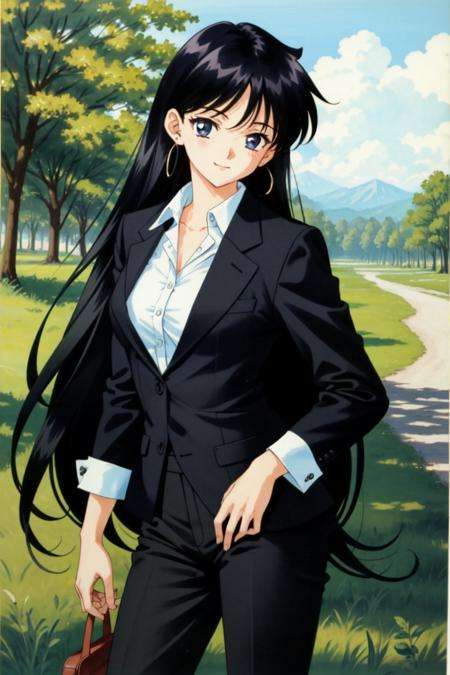 masterpiece, best quality, absurdres, perfect antomy, 1girl, solo, SMMars, very long hair, parted bangs, 1990s \(style\), standing, smile, cowboy shot, suit pants, suit, jacket, dress shirt