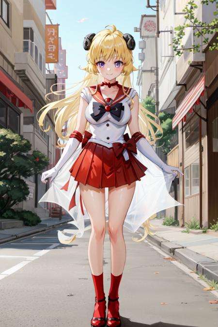 masterpiece, best quality, absurdres, perfect antomy, 1girl, solo, Watame, blonde hair, sheep girl, (sailor senshi uniform, red sailor collar, red skirt, elbow gloves), standing, smile, outdoors