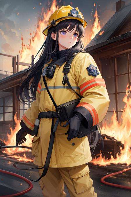 masterpiece, best quality, absurdres, perfect antomy, 1girl, solo, SMMars, very long hair, parted bangs, outdoors, burning house, fire fighter, fire fighter outfit, helmet