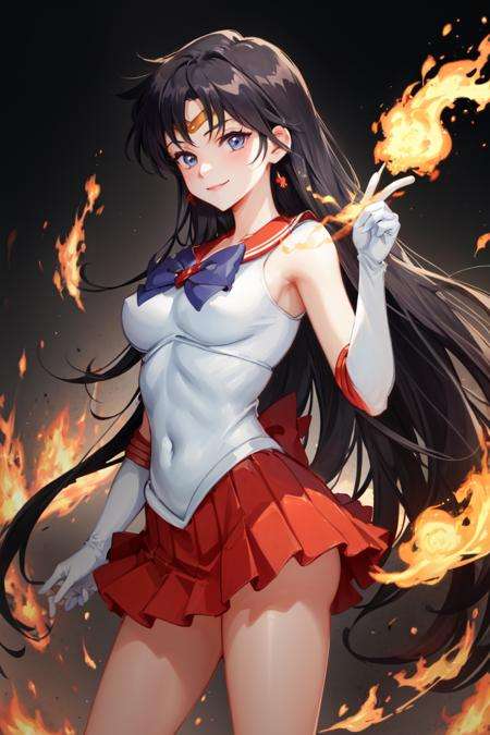 masterpiece, best quality, absurdres, perfect antomy, 1girl, solo, SMMars, very long hair, parted bangs, sailor senshi uniform, red sailor collar, red skirt, elbow gloves, standing, cowboy shot, smile, cartoon flames in background, stylized background