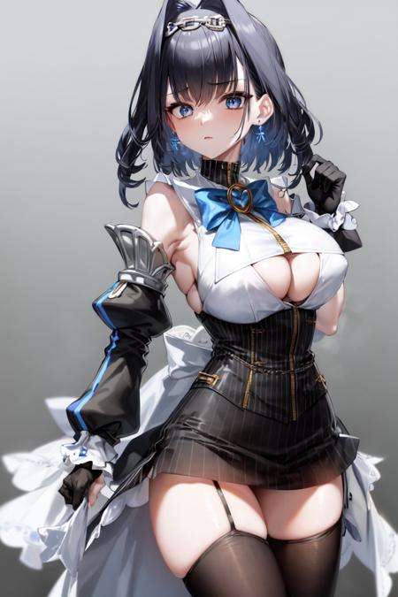 masterpiece, best quality, absurdres, perfect antomy, Ouro Kronii, 1girl, solo, breasts, short hair, skirt, shirt, thighhighs, gloves, long sleeves, bow, cleavage, bare shoulders, jewelry, white shirt, earrings, detached sleeves, sleeveless, black gloves, striped, puffy sleeves, black thighhighs, miniskirt, black skirt, bowtie, clothing cutout, sleeveless shirt, chain, blue bow, cleavage cutout, vertical stripes, zipper, asymmetrical legwear, striped skirt, head chain, bow earrings