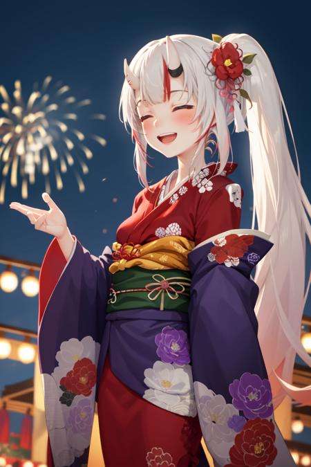 masterpiece, best quality, absurdres, perfect anatomy, 1girl, solo, Nakiri Ayame, long hair, side ponytail, AyameNewYears, red kimono, floral print, hair flower, sash, wide sleeves, festival, outdoors, night, fireworks, closed eyes, smile, open mouth, blush