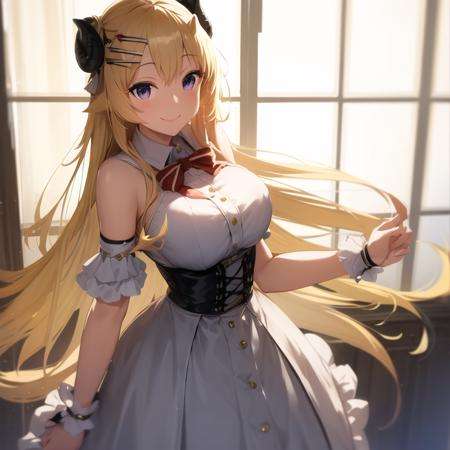 masterpiece, best quality, absurdres, perfect anatomy, realistic lighting,, Tsunomaki Watame, virtual youtuber, 1girl, solo, blond hair, medium breasts, smile,, cowboy shot, dress, indoors