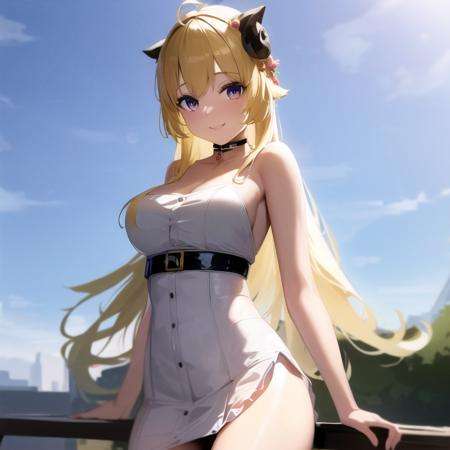 masterpiece, best quality, absurdres, perfect anatomy, realistic lighting,, Tsunomaki Watame, virtual youtuber, 1girl, solo, blond hair, medium breasts, smile,, cowboy shot, outdoors, tube dress, choker