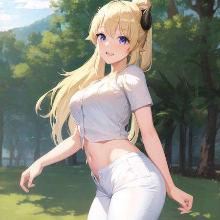 masterpiece, best quality, absurdres, perfect anatomy, realistic lighting,, Tsunomaki Watame, virtual youtuber, 1girl, solo, blond hair, medium breasts, smile,, cowboy shot, outdoors, ponytail, casual, shirt, pants