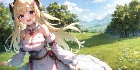 masterpiece, best quality, looking at viewer, cowboy shot, close up, watame, tsunomaki watame, virtual youtuber, blonde hair, long hair, WataDress, bare shoulders, fur-trimmed sleeves, fur collar, white dress, :d, blush, , 1girl, solo, Plains, Green Landscape, hills, path, sunny, clouds, beautiful sky, flowers in the distance, 