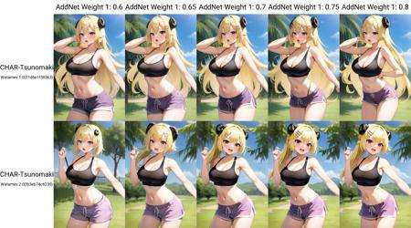 masterpiece, best quality, absurdres, perfect anatomy, , Tsunomaki Watame, blonde hair, purple eyes, medium breasts,, standing, cowboy shot, solo, 1girl, outdoors, open mouth, sweat, hairclip, shorts, sports bra