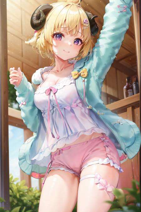 masterpiece, best quality, absurdres, perfect antomy, Watame, WatameSleep, jacket, pink shorts, short hair, hair bun, 1girl, solo, standing, cowboy shot, smile, from below, indoors