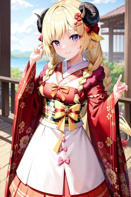 masterpiece, best quality, absurdres, perfect antomy, Watame, WatameKimono, long hair, bangs, twin braids, 1girl, solo, standing, cowboy shot, smile