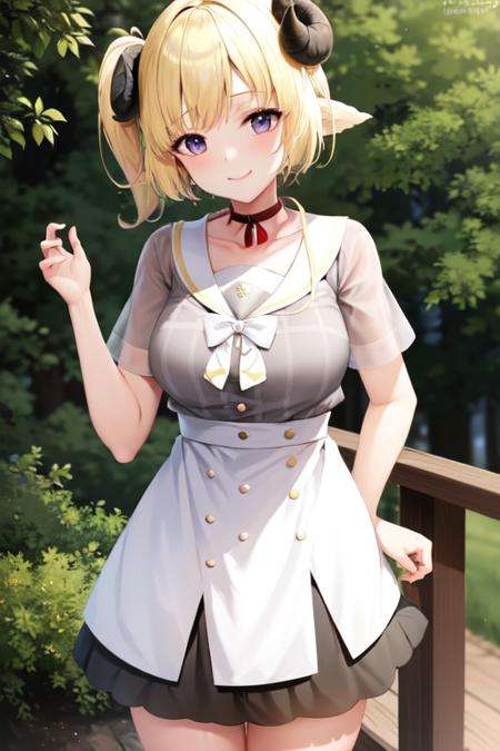 masterpiece, best quality, absurdres, perfect antomy, Watame, WatameCasual, short sleeves, short hair, side ponytail, ribbon choker, 1girl, solo, standing, cowboy shot, smile