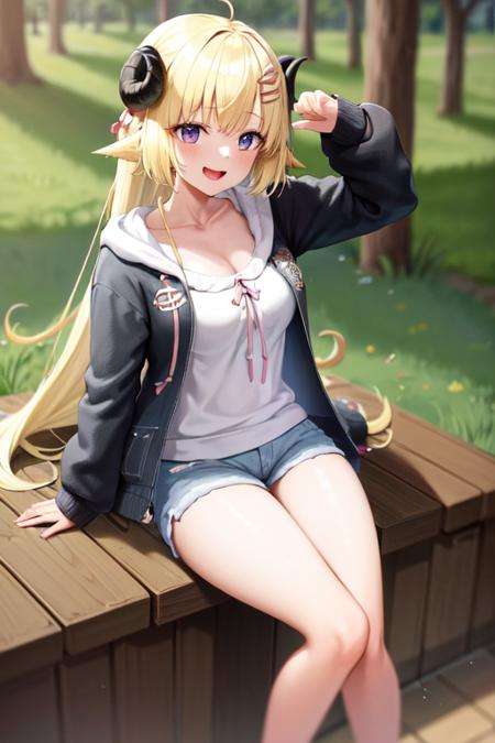 masterpiece, best quality, absurdres, perfect antomy, Watame, long hair, smile, :d, black hoodie, denim shorts