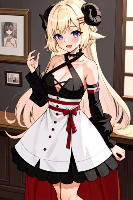 masterpiece, best quality, absurdres, perfect antomy, 1girl, Watame, long hair, blush, :d, black dress, criss-cross halter, cleavage, collarbone, indoors, standing, cowboy shot