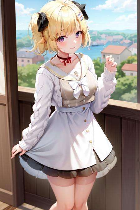 masterpiece, best quality, absurdres, perfect antomy, Watame, WatameCasual, cardigan, short hair, side ponytail, ribbon choker, 1girl, solo, standing, cowboy shot, smile