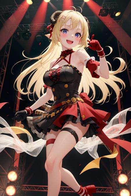 masterpiece, best quality, absurdres, 1girl, solo, Tsunomaki Watame, very long hair, WatameIdol, black dress, halterneck, detached sleeves, hairclip, red gloves, single glove, thigh strap, overskirt, hair ribbon, bare shoulders, dynamic pose, dynamic angle, stage, stage lights, smile, :d