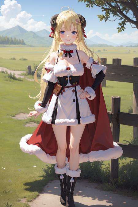 Tsunomaki Watame, long hair, WatameBase, fur-trimmed dress, white dress, bare shoulders, fur-trimmed sleeves, hairclip, cape, belt pouch, brooch, fur-trimmed boots, hands on hips, hill, plains, green, nature, smile, looking at viewer